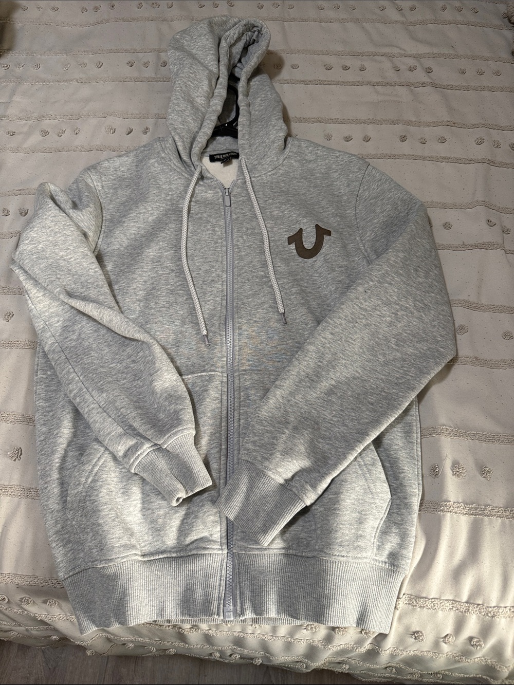 True Religion Men's Light Gray Zip-Up Hoodie with Brown Logo